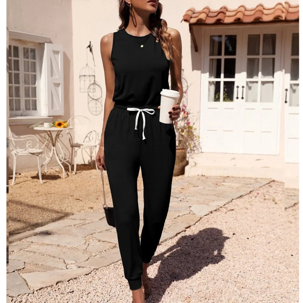 Left Shoulder Cut Out Black Jumpsuit Casual White Contrast Drawstring, Pockets - Picture 1 of 9